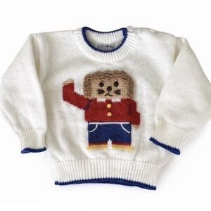 Vintage Buttons & Bows Teddy Bear Knit Sweater 18M Cream Graphic Pullover
